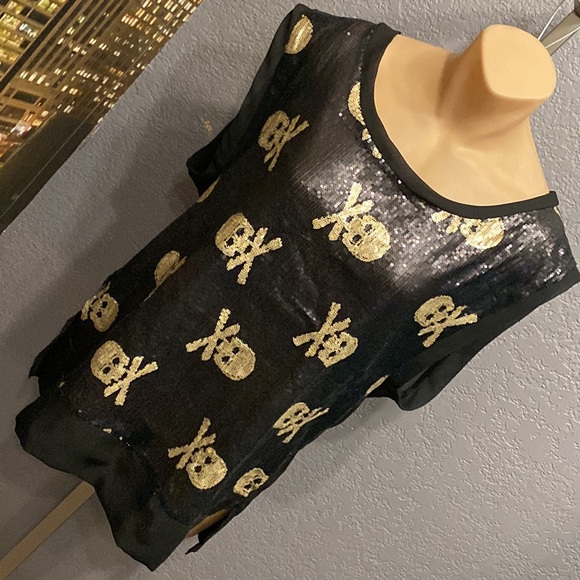 FASHION EXIT - vest tank: black sequins w gold sequin skulls, sheer rear - L - Picture 16 of 16